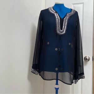 42nd Street women black sheer long sleeves Vneck beaded tunic top. Size L. Used.